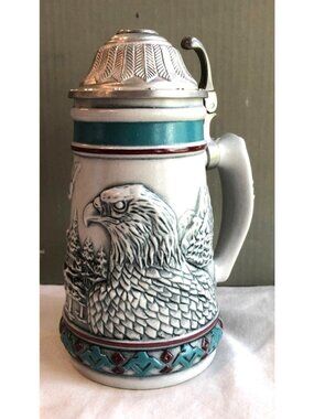 Ceramic Beer Stein with Embossed Eagle & Mountain Scene Pewter Lid Brazil